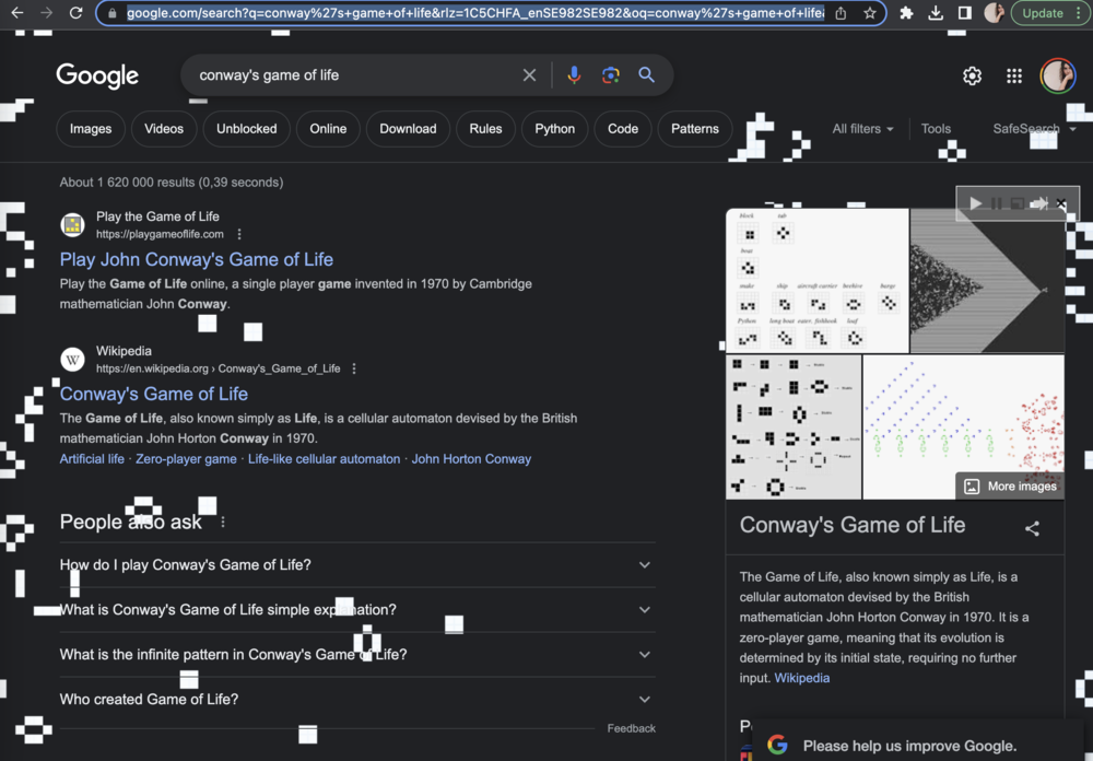 Google search results for Conway’s Game of Life
