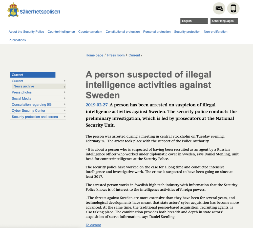 Swedish Security Service press release on arrest of Russian spy